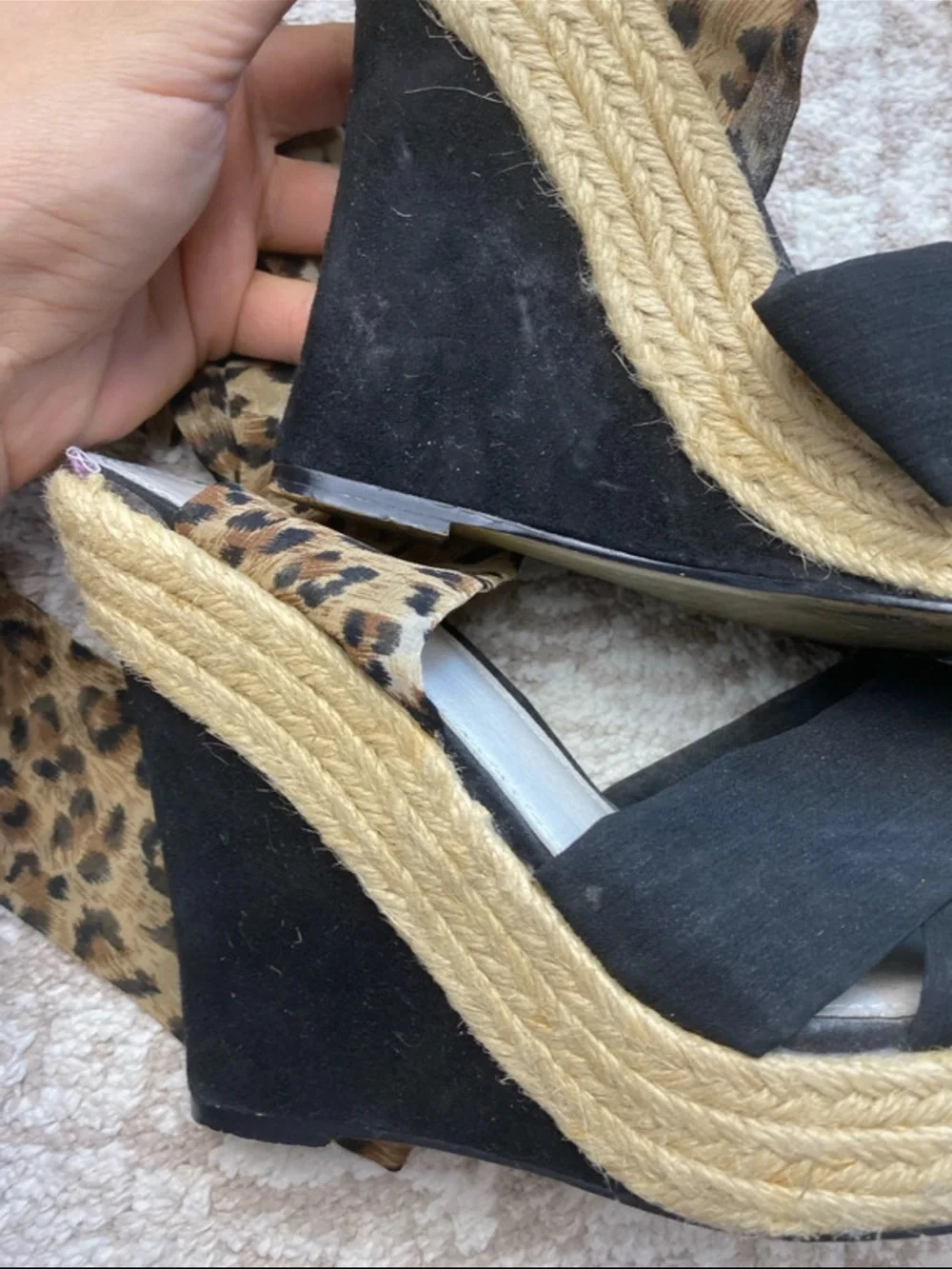 Y2K Black Espadrille Wedge Sandals with Leopard Tie-Ankle Straps & match purse